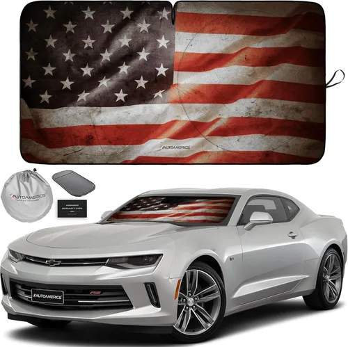 Vista 18 de Autoamerics Parasol para parabrisas de 1 pieza, diseño de camuflaje marrón con bandera estadounidense de Estados Unidos, parasol plegable