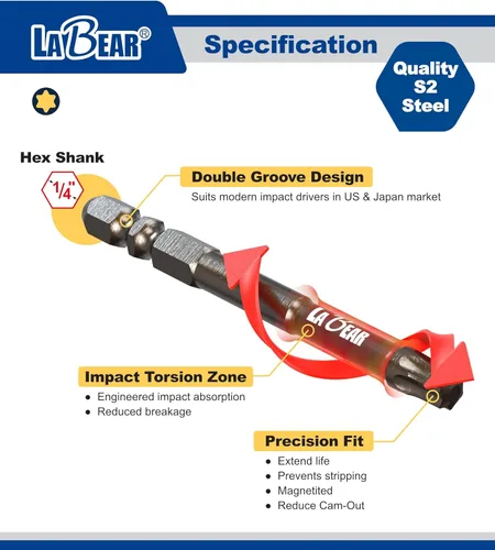 Vista 5 de LaBear Juego de 8 brocas de torsión de potencia de 2.95 pulgadas de largo T10 - T40 Star & Phillips PH2, magnético, vástago hexagonal de 1/4