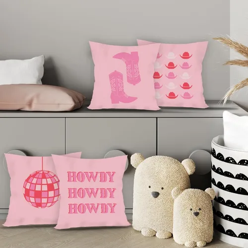 Vista 2 de Juego de 4 fundas de almohada decorativas de 18 x 18 pulgadas, color rosa intenso, con diseño de vaquera occidental, diseño de bola de discoteca