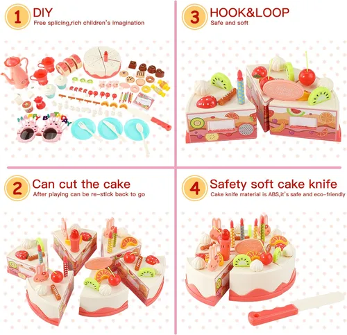Vista 9 de Juego de 82 piezas de comida para pastel de cumpleaños, juguete de comida, juguete de simulación, juego de corte, pastel, postres, helado y donas