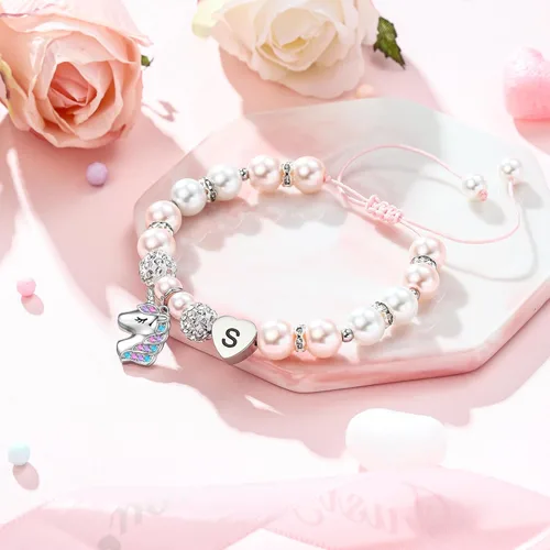 Vista 6 de Hidepoo Pulsera de unicornio - Pulsera de perlas rosas y bolas de diamantes de imitación con inicial de corazón, pulseras de unicornio, joyería