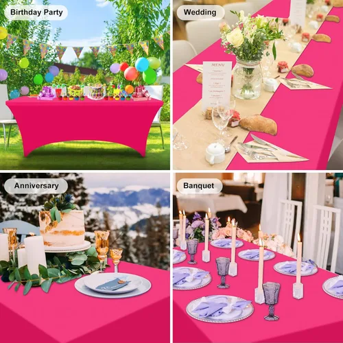 Vista 7 de PLULON Paquete de 2 manteles rectangulares de elastano ajustable de 6 pies, color rosa intenso, lavable, protector de mesa para patio, picnic, boda