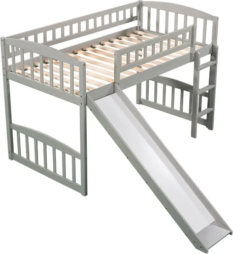 Vista 7 de Merax Cama tipo loft de tamaño individual con tobogán y escalera, marco de madera de pino macizo, gris