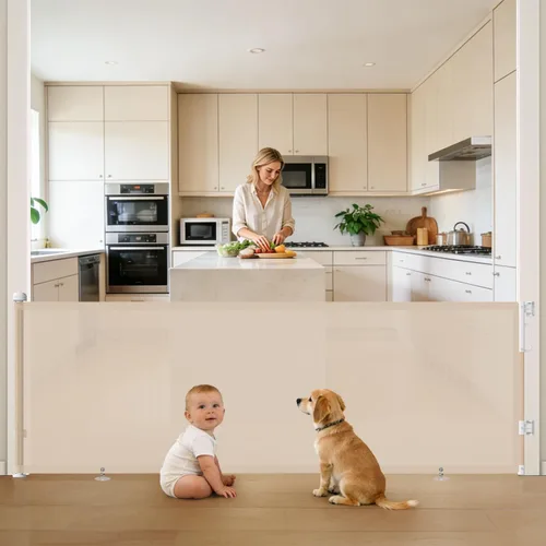 Vista 22 de Puertas de malla retráctiles para bebés y mascotas; para escalera, pasillos, terraza, porche, interiores y exteriores; elementos de seguridad; Beige