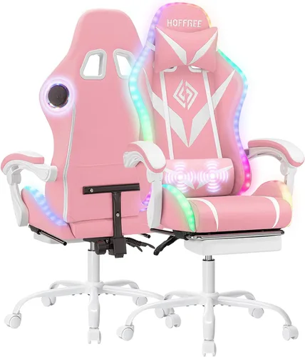 Vista 17 de Silla de juegos con altavoces Bluetooth y luces LED RGB, silla ergonómica de masaje para computadora con reposapiés, silla de videojuegos, respaldo