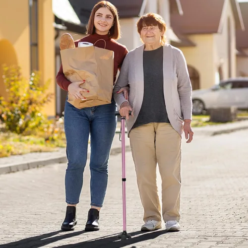 Vista 8 de Bastón ajustable para mujer, bastón telescópico de 10 niveles de altura con base giratoria antideslizante de 4 puntas, correa de muñeca, ayuda