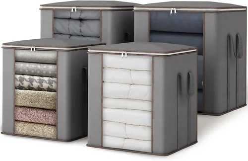 Vista 8 de Fixwal Bolsas de almacenamiento extra grandes para mantas de 120 L, bolsas de almacenamiento de edredón con asas reforzadas, contenedores de Gris