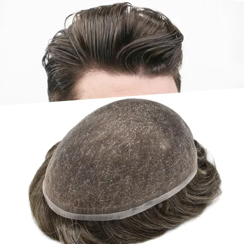 Vista 34 de Toupee para hombres, sistema de reemplazo de piezas de cabello humano real, encaje suizo suave, encaje frontal para hombres, pieza de pelo tipo