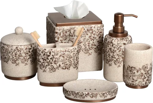 Vista 8 de Decozen Juego de accesorios de baño, 6 piezas, dispensador de jabón, soporte para cepillos de dientes, vaso, jabonera y tarro de hisopo de algodón