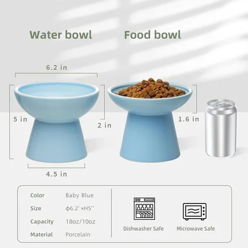 Vista 2 de CEEFU 2 tazones elevados de cerámica para gatos extra anchos para alimentos y agua – Tazón poco profundo para fatiga de bigotes, sin plomo ni