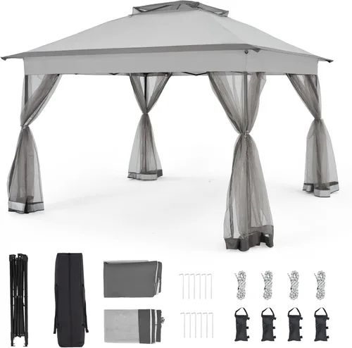 Bezseller 11x11 Pop Up Gazebo with Mosquito Netting, Easy 1-Person Setup Outdoor Canopy, Water-Resistant Portable Shelter for Patio, Backyard &
