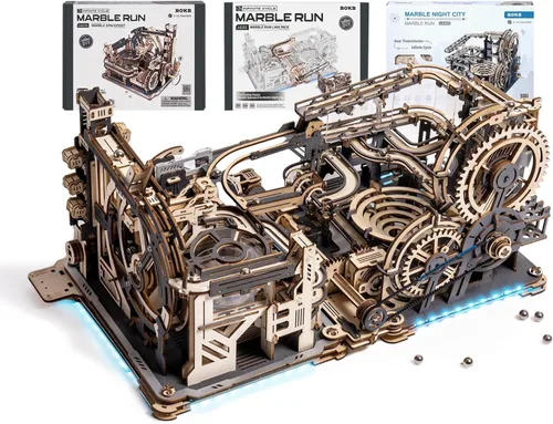 ROKR Pista de Canicas Eléctrica de Madera 3 en 1, Rompecabezas 3D para Adultos, Kits de Juguetes de Construcción de Modelos de Madera, Regalo Ideal