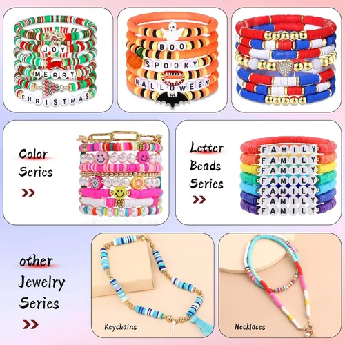 Vista 4 de 4500pcs Black Clay Beads Kit for Bracelet Making Including 6mm Flat Polymer Clay Heishi Beads and Gold Bead Pearls Spacers Letter Beads for Jewelry