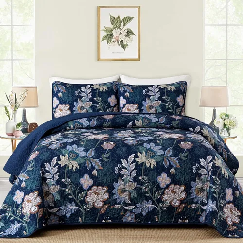 Vista 10 de WONGS BEDDING Juego de colcha tamaño Queen, juego de ropa de cama con estampado botánico negro, 3 piezas, colcha floral con 2 fundas de almohada