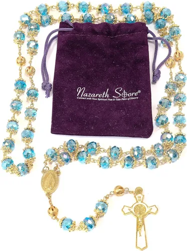 Vista 5 de Nazareth Store St. Benedict Deep Blue Crystal Beads Rosary Prayer Necklace Golden Miraculous Medal & Gold Enamel Cross