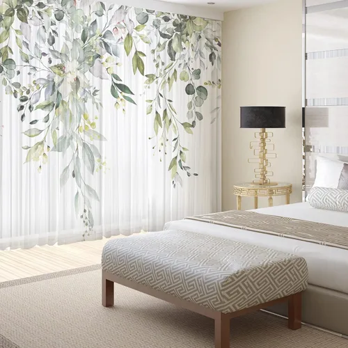 Vista 2 de Cortinas de hojas de eucalipto verdes para sala de estar de 63 pulgadas de largo, juego de 2 paneles elegantes de flores silvestres con estampado
