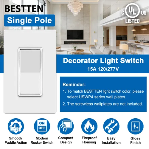 Vista 2 de BESTTEN Paquete de 30 interruptores decorativos de pared de un solo polo, 15 A, 120/277 V, interruptor de pared de paleta, interruptor basculante