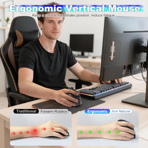 Vista 4 de TRELC Mouse inalámbrico para juegos con balancín 5 D, 24000 DPI/11 botones programables, mouse ergonómico para conexión de 2 dispositivos