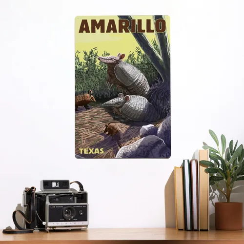 Vista 2 de Lantern Press Letrero metálico de 12x18 in, para interiores y exteriores, Amarillo, Texas, Armadillo