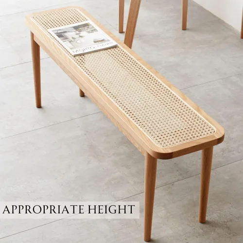 Vista 7 de Banco de comedor de ratán natural de 47.2 pulgadas con marco de banco de madera de roble 100% macizo, otomana para cocina, dormitorio, entrada