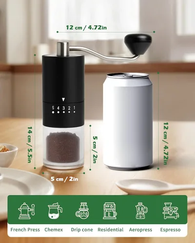 Vista 4 de Molinillo de café manual de acero inoxidable para prensa francesa de goteo, 5 ajustes ajustables, molinillo de café de mano, para uso doméstico