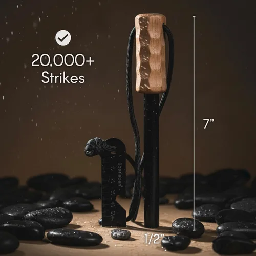 Vista 3 de Überleben Kräftig PRO Ferro Rod Fire Starter Survival Tool – Up to 20,000 Strikes, 1/2" Thick Fire Steel with Hardwood Handle, Multi-Tool Striker