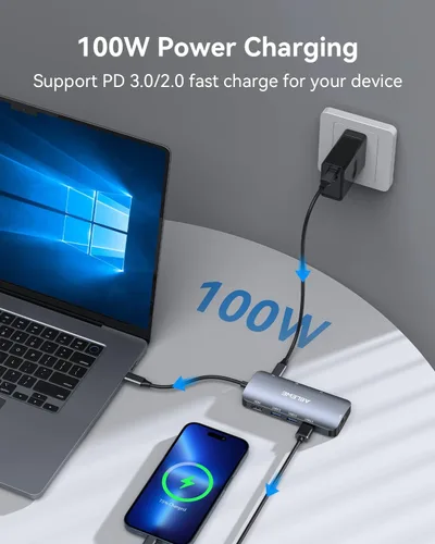 Vista 5 de Adaptador multipuerto USB C, concentrador ABLEWE USB-C con HDMI 4K a 60Hz, Ethernet de 1 Gbps, 100 W PD, lector de tarjetas SD/TF, 3 puertos USB 3.0