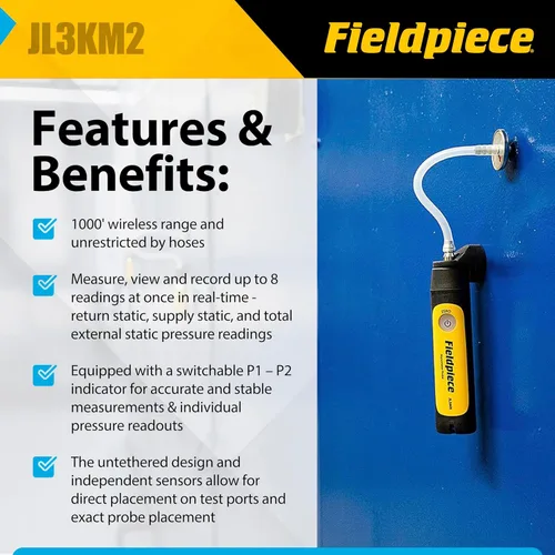 Vista 2 de Fieldpiece - Kit de sonda de manómetro de doble puerto del sistema Job Link - JL3KM2 - Manómetro estático, de gas y de presión de corriente