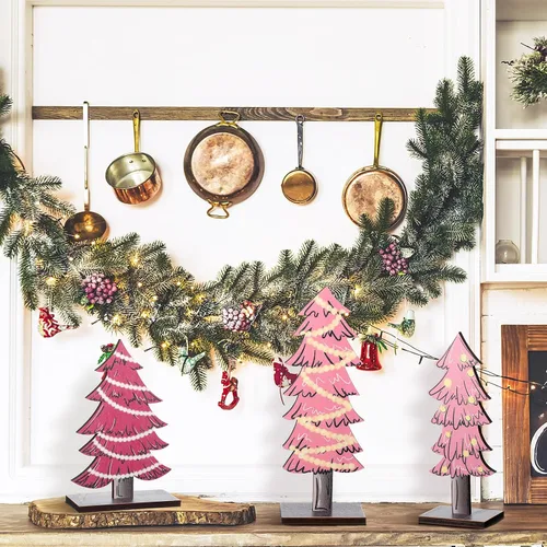 Vista 5 de Meooeck 3 Piezas Árboles de Navidad de Madera Rosa para Mesa Decoración Rústica de Navidad Centros de Mesa de Granja Adornos para Mesas con Base