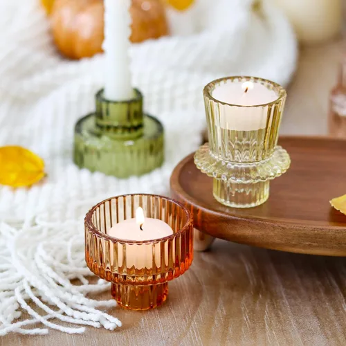 Vista 3 de Portavelas Marrones 6 Piezas para Velas de Té, Juego de Portavelas Cónicos de Vidrio Acanalado, Centros de Mesa para Acción de Gracias, Navidad