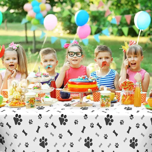 Vista 7 de Mantel de plástico con estampado de patas de cachorro, mantel rectangular desechable para fiesta de cumpleaños de niños, decoración de fiesta