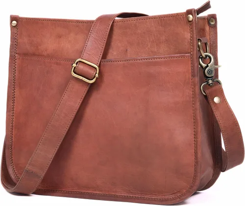Bolso cruzado de cuero genuino para mujer, bolso de cuero rústico marrón y marrón, tamaño mediano con bolsillo con cremallera, bonito bolso de uso
