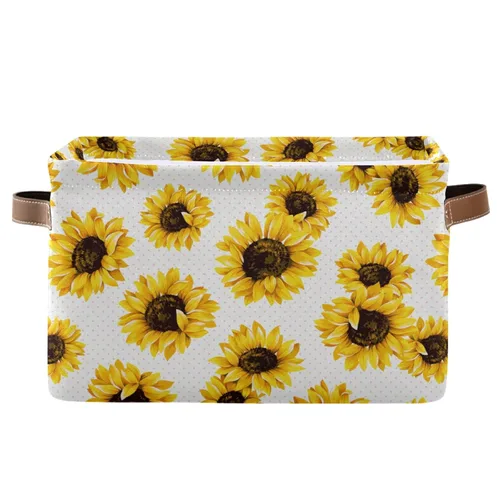 Cesta de almacenamiento rectangular – Vintage Girasol Floral Colorido Caja de almacenamiento plegable con asas de cuero Cestas de lavandería