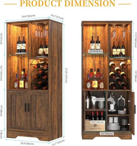 Vista 3 de Armario de despensa de cocina de 58 pulgadas con luces, gabinetes de cocina de granja, barra de café con estantes ajustables, estantes