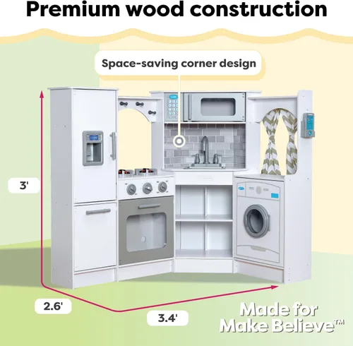 Vista 8 de KidKraft Ultimate Corner Wooden Play Kitchen with Lights & Sounds, Play Phone and Curtains, White