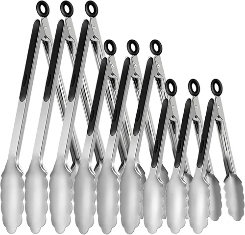 9 pinzas de cocina de acero inoxidable para asar, pinzas de cocina antideslizantes de metal para cocinar, ensalada y barbacoa, 7, 9 y 12 pulgadas