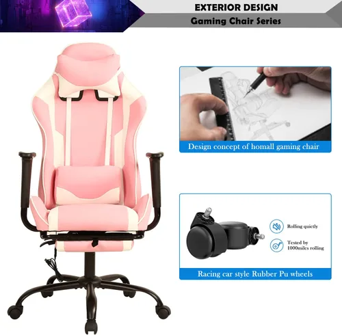 Vista 21 de Silla para juegos, silla giratoria de altura ajustable con reposacabezas y soporte lumbar de masaje, silla ergonómica de policarbonato