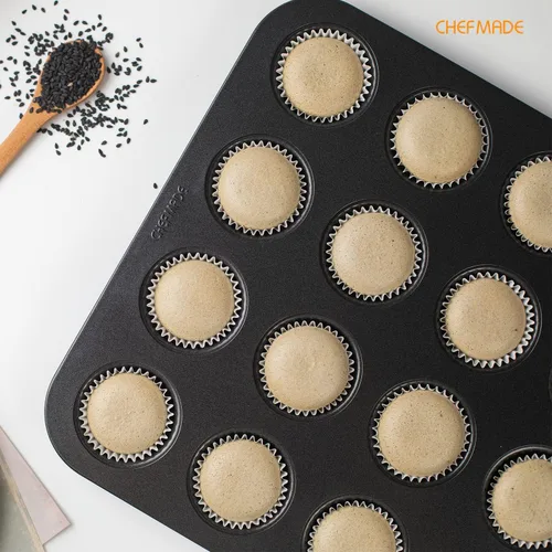 Vista 6 de CHEFMADE Mini molde para magdalenas, bandeja antiadherente de 20 cavidades para hornear mini cupcakes, mini lata para muffins de fácil liberación