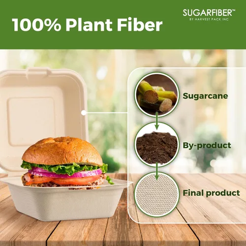 Vista 3 de [50 unidades] Paquete de cosecha de 6 x 6 pulgadas, contenedores de alimentos compostables para llevar, sin PFAS, cuadrados con tapas, caja