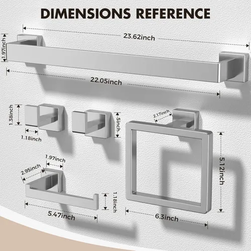 Vista 2 de Juego de accesorios de baño con barra de toallas: 5 piezas de hardware de baño de níquel cepillado cuadrado de acero inoxidable SUS304 - 61 cm