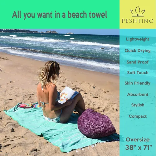 Vista 3 de Toalla de playa turca, 100% algodón, 38 x 71 pulgadas, secado rápido, delgada, ligera, suave, libre de arena, toallas compactas para playa, piscina