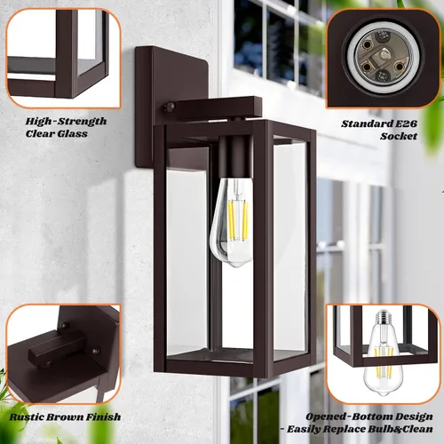 Vista 3 de Brightever Paquete de 2 accesorios de luz de pared para exteriores, color marrón, lámpara de pared exterior con vidrio transparente, antioxidante