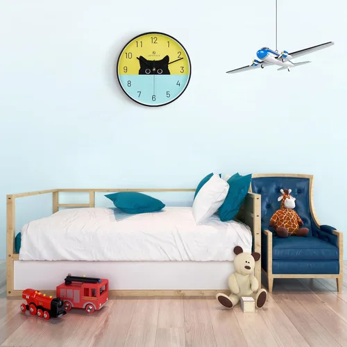 Vista 4 de Lafocuse Reloj de pared de 12 pulgadas, silencioso, con forma de gato, funciona con pilas, analógico, en color negro, para habitación de niñas