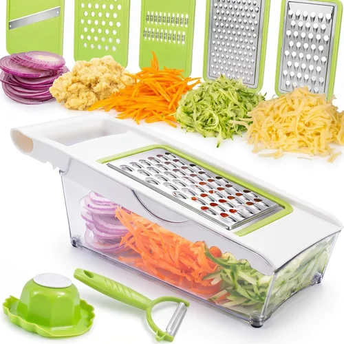 NACOLUS Rallador de queso con recipiente, cortador de mandolina 5 en 1 para cocina, cortador de verduras multiusos, picador de verduras fácil de