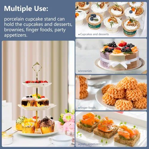 Vista 5 de Soporte de cerámica para cupcakes de 3 niveles, bandeja escalonada blanca para cupcakes, soporte de servicio de 3 niveles para fiesta de té