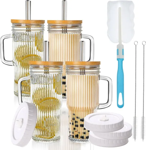 Vista 11 de Birity Vasos de vidrio de 16 onzas con tapas y popotes, vaso de vidrio con popote y tapa, tazas de café helado reutilizables para té, jugo