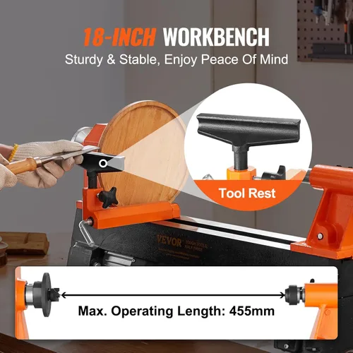 Vista 3 de VEVOR Torno de Madera de Sobremesa, 10 pulgadas x 18 pulgadas, 0.5 HP 370W Máquina de Torno para Madera, 5 Velocidades Variables