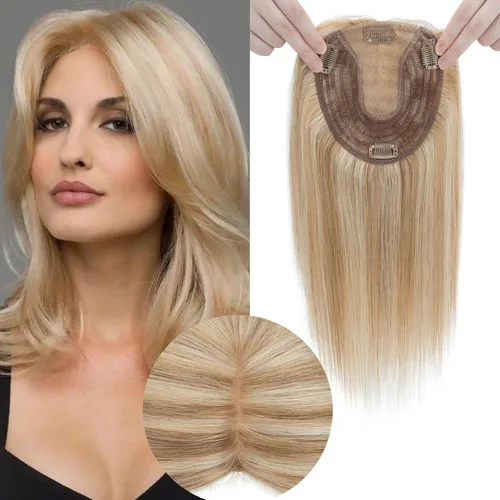 Vista 15 de Toppers de cabello humano real para mujer, sin flequillo, más grande de 5.1 x 5.9 in, base de seda, 150% de densidad, con clip, piezas superiores