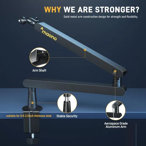 Vista 2 de MAONO Brazo de Micrófono de Pluma, Brazo de Micrófono de Bajo Perfil con Canales de Gestión de Cables, Abrazadera de Montaje de Escritorio