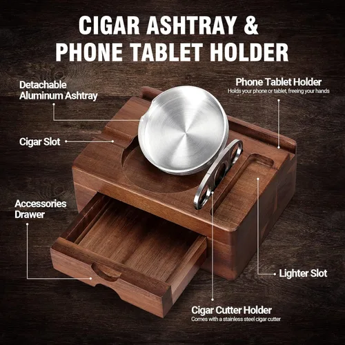 Vista 2 de Tesonway Cenicero de Cigarros, Cenicero de Cigarros de Madera con Cortador de Cigarros, Soporte para Teléfono y Tableta, Soporte para Cigarros